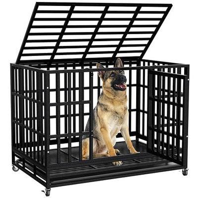 48 Inch Heavy Duty Dog Crate Kennel with Wheels, High Anxiety Indestructible Dog Crates for Large Dogs, XL XXL Extra Large Dog Crate with Removable Plastic Tray, Two Locks (Black, Square)