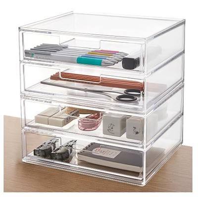 STORi Stackable Desk Drawer Organizer, Clear Pen Pencil Makeup Brush Holder for Desktops and Vanities, 4 Wide Drawers (Made in USA)