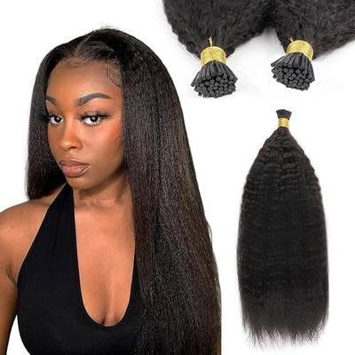 ABH AMAZINGBEAUTY HAIR Pre Bonded Kinky Straight Hair Extensions Real Human Hair I Tip Fusion Hair Extensions for Black Women Brazilian Kinky Straight Hair Natural Black I Tips 50g 50strands 16 Inch