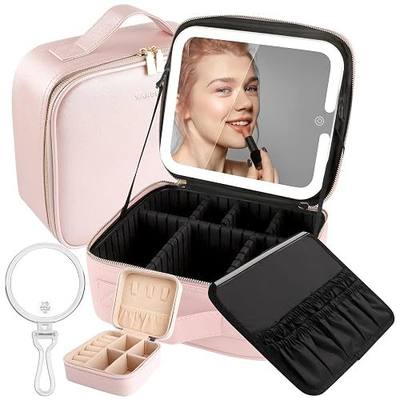 Lighted Makeup Case with Full-screen HD Mirror Travel Makeup Train Case with Adjustable Dividers Cosmetic bag with Foldable 1x/10x Magnifying Mirror and Jewelry Box Phosphor
