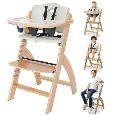 Abiie Beyond Junior Wooden High Chair for Babies and Toddlers - Convertible 3-in-1 Baby Highchair with Removable Tray - 6 Months to 250 Lb - Water Resistant - Natural Wood/Dove Grey Cushion