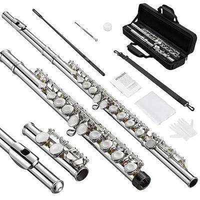 POGOLAB Closed Hole C 16 Keys Flute for Student Beginner, Flute Instrument with Cleaning Kit, Carry Bag, Strap, Probe Rod, Gloves (Nickel)