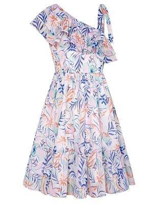 GRACE KARIN Girls Summer Dress One Shoulder Floral Ruffle Sleeve Midi Casual Sundress 5-12Y