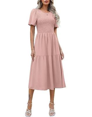 Ellakoko Womens Casual Summer Short Sleeve Dress Smocked Floral Modest A Line Solid Boho Tiered Midi Dress with Pockets