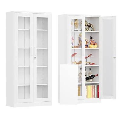 Locking Display Cabinet with Glass Door, 71”H Metal Curio Cabinets with Adjustable Shelves, White Liquor Caninet Display Case for Living Room, Collectibles, Clinic, Home - Assembly Required