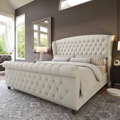 AMERLIFE Queen Size Upholstered Sleigh Bed Frame with Wingback Headboard | Platform Bed with Curved Headboard & Footboard, Handmade Deep Button Tufted, Wood Slats, No Box Spring Needed, Cream Chenille