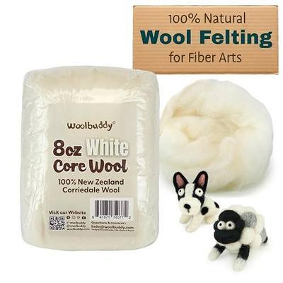 Woolbuddy Core Wool 8oz for Needle Felting (White), Corriedale Wool Roving | Pure Carded Wool Roving for Needle Felting, Dryer Ball, Chunky Yarn, Needle Felt Mat, DIY Gift Home Décor (White Brown Black)