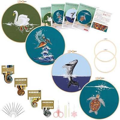 Picoey Embroidery Kit for Beginners with Animal Pattern and Instructions,4 Pack Cross Stitch Kits,2 Wooden Embroidery Hoops,Threads and Needles,Needlepoint Kit