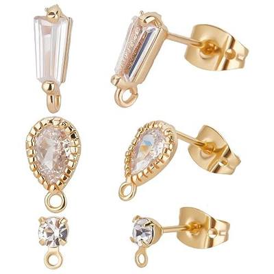 Beebeecraft 30Pcs/Box 3 Style 18K Gold Plated Stud Earrings Small Teardrop Flat Round Trapezoid Cubic Zirconia Earring Posts with Loop and Butterfly Ear Backs for Jewelry Making Dangle Crafts