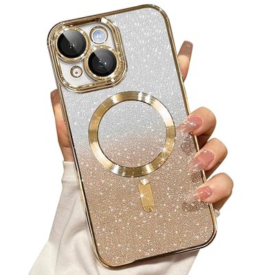 Misscase for iPhone 15 Magnetic Glitter Case Compatible with MagSafe,Camera Lens Protector Full Protection Elegant Anti-Scratch Dust-Proof Net Case Cover for iPhone 15 Pink