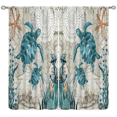 SXXLDNG Sea Turtles Curtains Tropical Ocean Beach Teal Turtles Starfish Coral Reef Nautical Map Decor Bedroom Living Room Window Drapes 2 Panel Set, 72"x63" Blackout