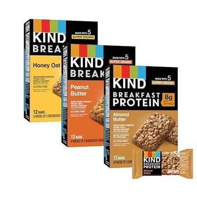 KIND Breakfast Bars Variety Pack, Gluten Free, Low Sodium, Healthy Snacks, Honey Oat, Almond Butter, Peanut Butter, 3-8g Protein, 18 Count (18 Packs of 2 Bars)