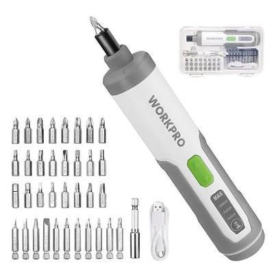 WORKPRO 4V Electric Screwdriver, Rechargeable Cordless Screwdriver Set with 35 Bits, Extension Rod, USB Charging Cable in Carrying Case, LED Light, White Gray