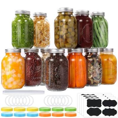 Glass Mason Jars 32 oz, 12 PACK Regular Mouth Canning Jars with Metal Airtight Lids and Bands, Extra Leak-Proof Colored Lids, Chalkboard Labels and Marker, for Meal Prep, Drinking, DIY Projects