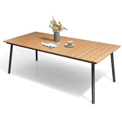 83" Patio Outdoor Dining Table for 6-8 with Wood-Grain Top | Weather-Resistant Aluminum Frame Dining Table with Umbrella Hole for Deck Gatherings, Brown