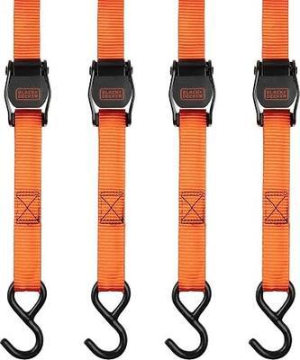 BLACK+DECKER 1" x 10' Light-Duty Cambuckle Tie-Down Straps, 4-Pack | 900 lbs Break Strength, Oversized Release Lever, Weather-Resistant, Coated S-Hooks, Easy to Secure Lightweight Cargo