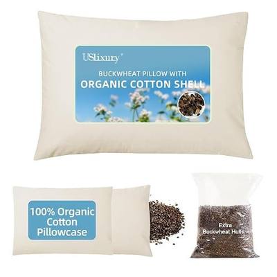 USlixury Organic Buckwheat Pillow 20x26, Adjustable Height, Neck Support | Organic Cotton Shell & Case, Extra 1lb Hulls Included, Cooling for Hot Sleepers, Side & Back Sleepers, White