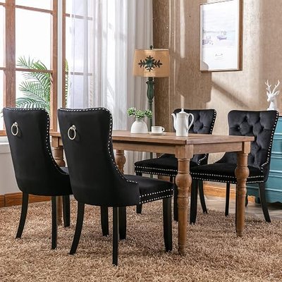 Black Velvet Dining Chairs Set of 4, Tufted Kitchen & Dining Room Chairs | Four Fabric Tufted Dinning Chairs, Velvet Upholstered, Wing Back, Metal Pull Ring, Wood Frame, Mid Century Modern