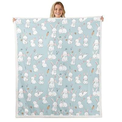 Erosebridal Kids Rabbit Blanket Cute Easter Rabbit Carrot Throw Blanket for Boys Girls Kawaii Animal Bunny Blue Fleece Blanket Spring Flowers Sherpa Blanket 40"x50"