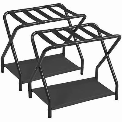 AMHANCIBLE Luggage Rack, Set of 2, Foldable Suitcase Stands for Guest Room | Metal Luggage Holder with Storage Shelf for Bedroom, Hotel, Easy Assemble, Black