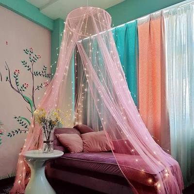 Bed Canopy Mosquito Net with 250pcs Warm White Curtain Lights, for Girls Room Decor or Theme Party, Pink/Warm Lights
