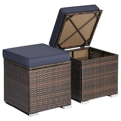 RELAX4LIFE 2-Piece Wicker Outdoor Storage Ottoman Set | Rattan Footstool with Removable Navy Cushion, Storage Compartment; Patio Deck Side Table Extra Seating