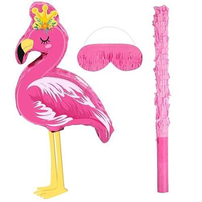 Threan Pink Flamingo Piñata Tropical Party Supplies Small Hawaiian Flamingo Piñata with Blindfold Stick for Pool Luau Hawaii Summer Theme Birthday Party Decorations, 16.1 x 11.8 x 3.1 Inch