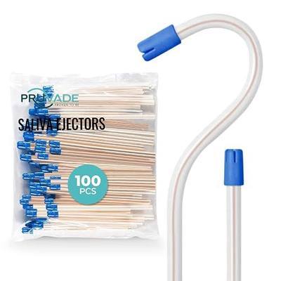 Dental Saliva Ejectors, 100 Pack, Soft Flexible Valve Tips, Disposable Suction Ejectors for Oral Care, Removes Water, Liquid, Debris, Dentist Equipment, Clear with Blue Tip