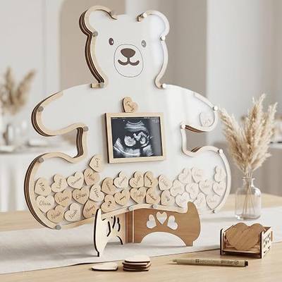 The Real Bossy Baby - Teddy Bear Guest Book Frame Keepsake for Baby Shower - Gender Reveal - Birthday - Large Premium Wood Shadow Box Display - Unique Gift Idea - Personal Nursery Decor - Ultrasound Frame - We Can Bearly Wait Theme - Includes Wooden Heart Tokens - Display Box & Stand (White)