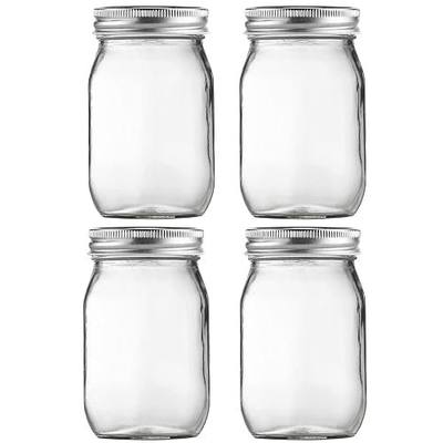 Glass Mason Jars, 16oz Regular Mouth Canning Jar with Airtight Lids, 4 Pack | Small Sealing Containers, Glass Jars, Durable Clear Glass Material, for Food Storage, Overnight Oats, Meal Prep, Candy