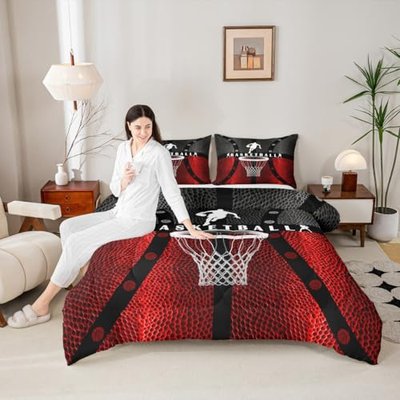 Basketball Kids Comforter Set King Size,Geometric Basketball Court Abstract Bedding Set,Boys Girls Adults Room Decor,Ball Sports Games Down Comforter,Red Black Fashion Duvet Insert,2 Pillowcases