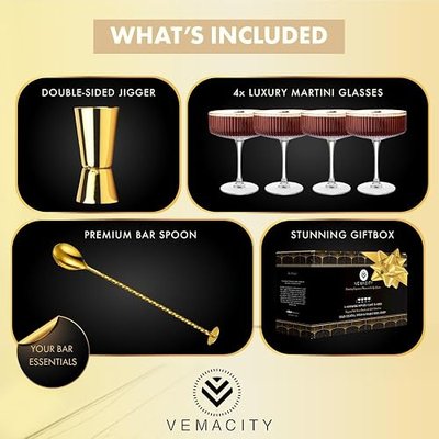 VEMACITY - Ribbed Espresso Martini Glasses Set of 4 with Gold Rims | Coupe Glasses | Vintage Cocktail Glasses for Margaritas, Champagne and More - Includes Jigger & Bar Spoon |