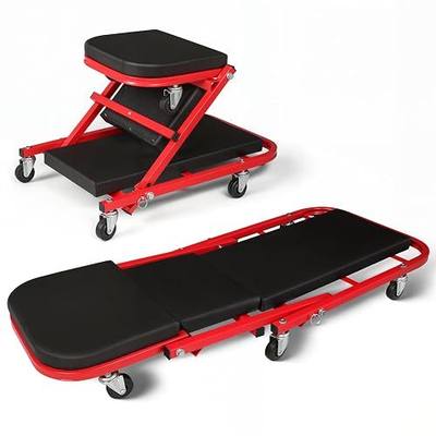 Magshion 40" Triplex Folding Creeper and Rolling Seat 2-in-1 330 lbs Capacity Foldable Mechanic Creeper Garage Stool Lay Down or Sit (Red)