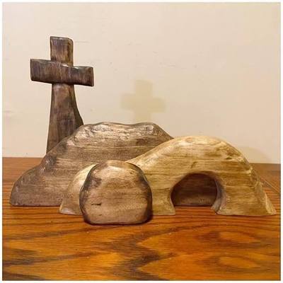 Zixuan Empty Tomb Scene and Cross Decoration, Jesus Tomb Tray Bundle Kit, Wooden Easter Jesus Sign Tiered Tray Decorations for Home, Tabletop, Office (Wood), 9.06* 6.03''