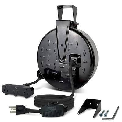 Retractable Extension Cord Reel, 16/3 SJTW Power Cord 30 Ft with 3 Electrical Outlets and 10 Amp Circuit Breaker, Ceiling or Wall Mount, Metal Plate, UL Listed, Grey