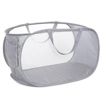 Durable Collapsible Laundry Baskets, Mesh Pop Up Laundry Hamper with Side Pocket, Foldable Clothes Storage Hamper with Reinforced Carry Handles for Laundry, Bathroom, Kids Room, Dorm or Travel Grey