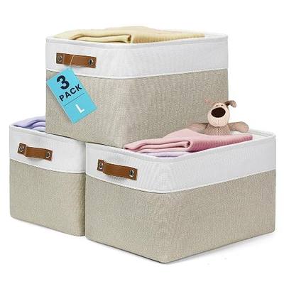 OrganiHaus 15x11in Canvas Storage Baskets 3 Pack | LARGE Fabric Bins for Shelves | Closet & Bedroom Storage | Beige/Off-White