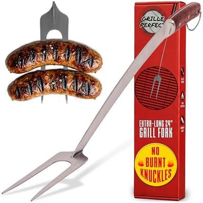 Grill Fork 24-inch Super Long for Grilling Barbecue Griddle and Fire Pit Extra Strong Curved Neck Premium Hardwood Handle Large Stainless Steel Tines for BBQ Outdoor Kitchen and Grilled Food