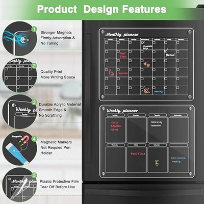 WALGLASS Acrylic Calendar for Fridge, Monthly Clear Acrylic Magnetic Dry Erase Board for Refrigerator, Set of 2 Stronger-Magnetic Reusable Fridge Planner, Includes 6 Liquid Chalk Markers