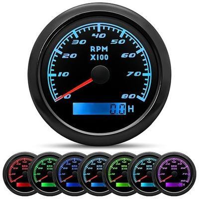 Tachometer Gauge 7 Color 0-8000 RPM Tacho Meter 85mm 3 3/8" for Auto Boat Marine Vehicle for 1-10 Cylinder Diesel and Gasoline Engine(Black)