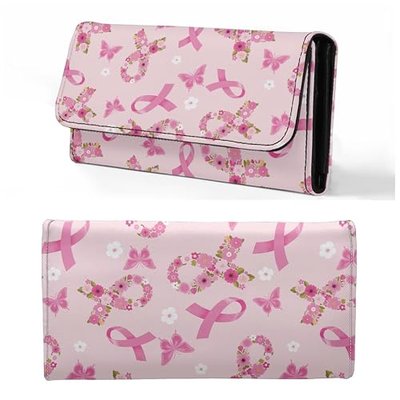 Binienty Pink Ribbon Tri-Fold Clutch for Women Waterproof - Floral Butterfly Buckle Closed Card Holder Purse with Multiple Inner Pockets for Keys, Coins, Daily Essentials