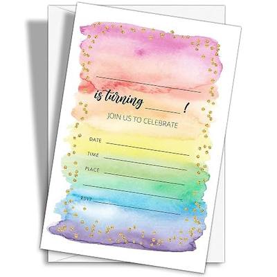 Colorful Rainbow Birthday Party Invitations, 20-Count Watercolor Rainbow Glitter Birthday Party Invites With Envelopes-HBYQK-B59