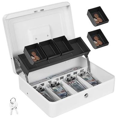 Cash Box with Lock and 2 Keys, Metal Money Box with Cash Tray, Lock Safe Box, Deluxe Portable Locking Cash Boxes with 4 Bill/5 Coin Slots for Vendor Events, 11.8 x 9.5 x 3.5" (Side Key-White)