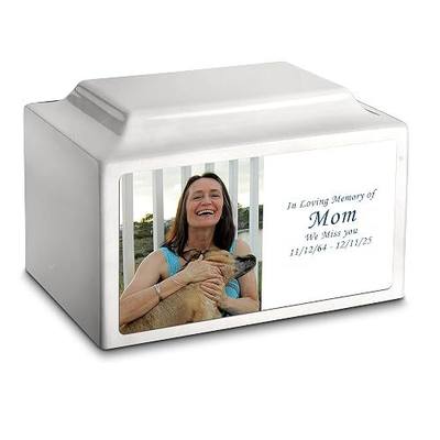 GetUrns Cultured Marble Urn Vault by Mackenzie with Personalized Picture and Text for Human Ashes I Glacier White Adult Urns for Male and Female I 210lbs