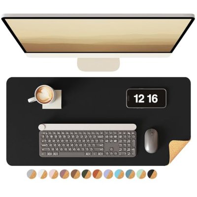 YSAGi Double-Sided Desk Pad, 31.5"x15.7"Leather Desk Mat, Eco Cork Desk Pad Protector,Large Mouse Pad,Waterproof Desk Blotter for Office/Home(Black)