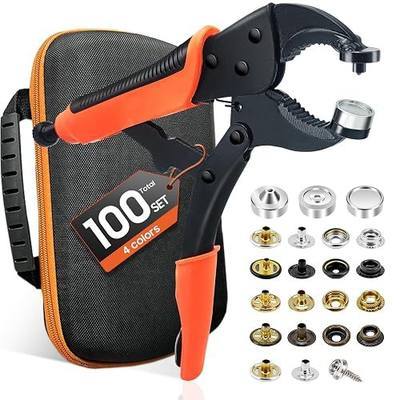 Heavy Duty Snap Fastener Tool kit, Punching Function, Snap Button Tool with Adjustable Setter, 15mm snap Tool with 100 Sets Boat Cover Snaps