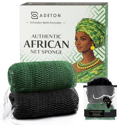 ADETON African Net Sponge Authentic with Knots, 2 Pieces Exfoliating Body Scrubber, Sapo Bath Sponge, Nylon Loofah Washcloth, Back Scrub for Shower, Body Exfoliator (Black & Green)