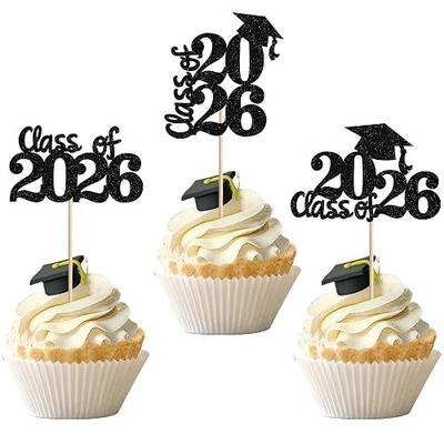 30 PCS 2026 Graduation Cupcake Toppers Glitter Class of 2026 Graduation Cap Cupcake Picks for 2026 Graduation Theme Party Cake Decorations Supplies Black