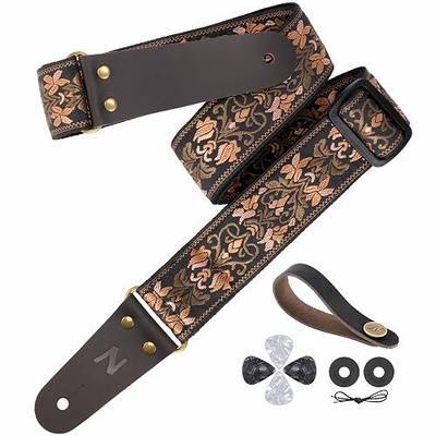 Nefelibata Guitar Strap 2" Embroidery, Full Grain Leather Ends with Hidden Pocket, for Bass, Electric and Acoustic Guitars