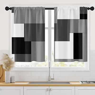 Black Kitchen Curtains 36 Inch Length Dark Grey White Window Short Tier Curtains Over Sink Set of 2, Modern Abstract Geometric Art Small Kitchen Decor 26x36 Inch